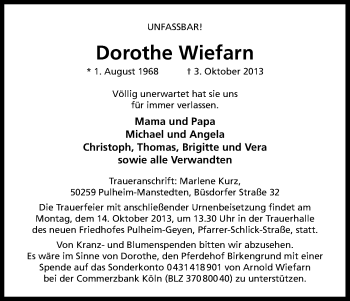 Anzeige von Dorothe Wiefarn von Kölner Stadt-Anzeiger / Kölnische Rundschau / Express