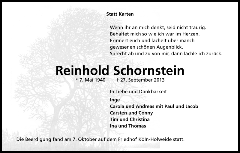 Traueranzeige für Reinhold Schornstein vom 12.10.2013 aus Kölner Stadt-Anzeiger / Kölnische Rundschau / Express