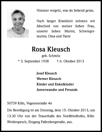 Anzeige von Rosa Kleusch von Kölner Stadt-Anzeiger / Kölnische Rundschau / Express