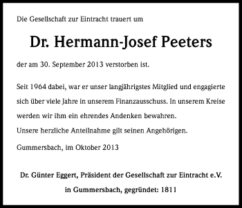 Anzeige von Hermann-Josef Peeters von Kölner Stadt-Anzeiger / Kölnische Rundschau / Express