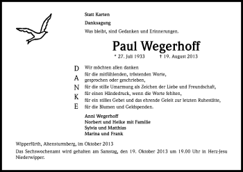 Anzeige von Paul Wegerhoff von Kölner Stadt-Anzeiger / Kölnische Rundschau / Express