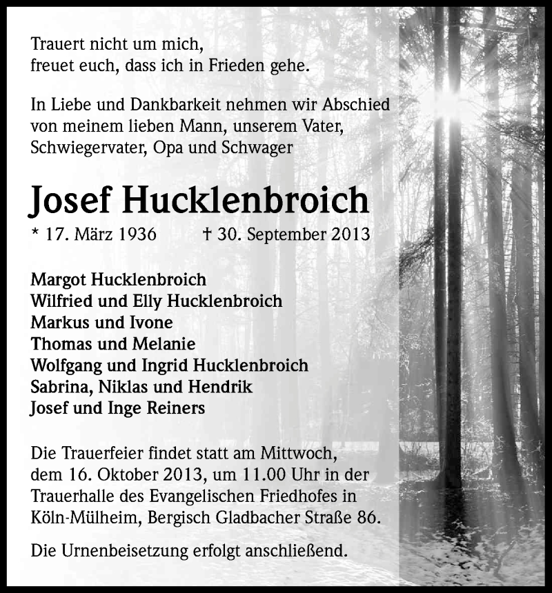 Traueranzeige für Josef Hucklenbroich vom 12.10.2013 aus Kölner Stadt-Anzeiger / Kölnische Rundschau / Express