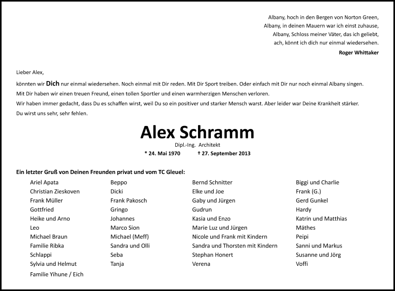  Traueranzeige für Alexander Schramm vom 12.10.2013 aus Kölner Stadt-Anzeiger / Kölnische Rundschau / Express