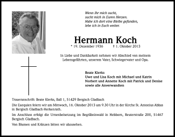 Anzeige von Hermann Koch von Kölner Stadt-Anzeiger / Kölnische Rundschau / Express