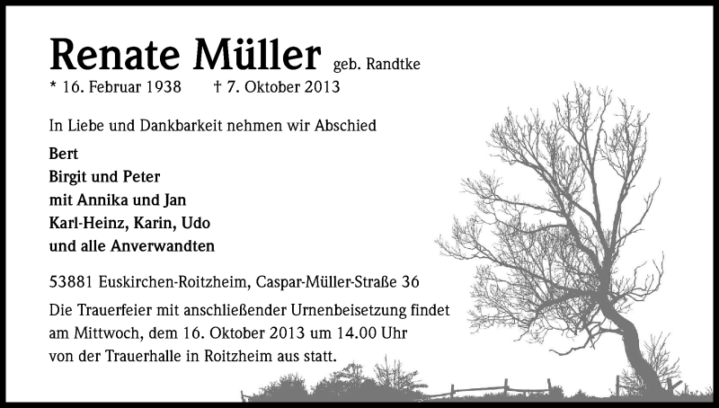  Traueranzeige für Renate Müller vom 11.10.2013 aus Kölner Stadt-Anzeiger / Kölnische Rundschau / Express