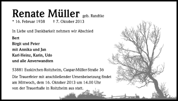 Anzeige von Renate Müller von Kölner Stadt-Anzeiger / Kölnische Rundschau / Express