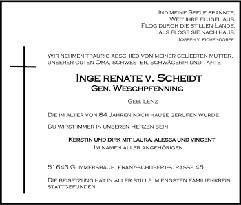 Anzeige von Inge Renate v Scheidt von Kölner Stadt-Anzeiger / Kölnische Rundschau / Express