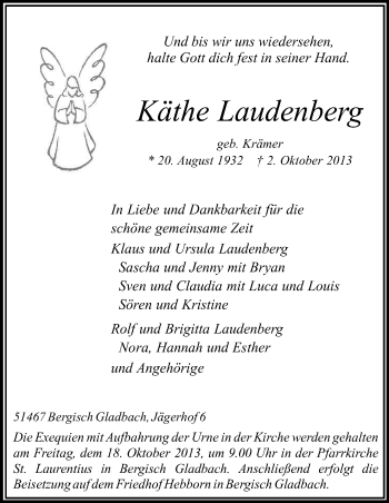 Anzeige von Käthe Laudenberg von Kölner Stadt-Anzeiger / Kölnische Rundschau / Express