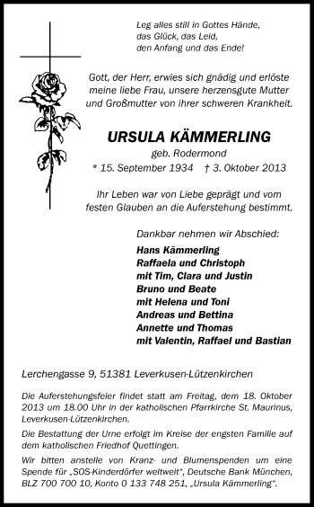 Anzeige von Ursula Kämmerling von Kölner Stadt-Anzeiger / Kölnische Rundschau / Express