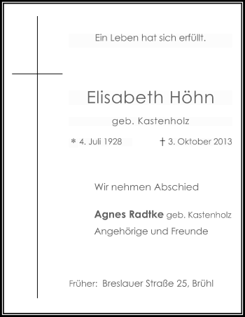 Anzeige von Elisabeth Höhn von Kölner Stadt-Anzeiger / Kölnische Rundschau / Express