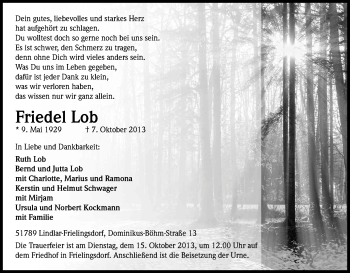 Anzeige von Friedel Lob von Kölner Stadt-Anzeiger / Kölnische Rundschau / Express