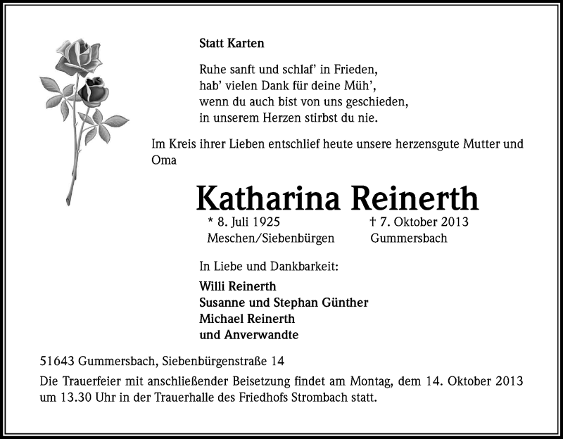  Traueranzeige für Katharina Reinerth vom 10.10.2013 aus Kölner Stadt-Anzeiger / Kölnische Rundschau / Express