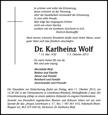 Anzeige von Karlheinz Wolf von Kölner Stadt-Anzeiger / Kölnische Rundschau / Express