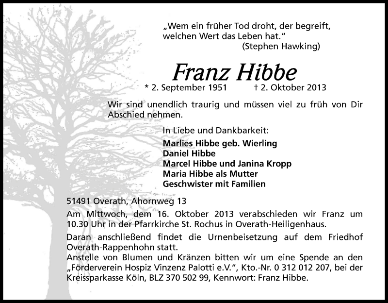  Traueranzeige für Franz Hibbe vom 10.10.2013 aus Kölner Stadt-Anzeiger / Kölnische Rundschau / Express