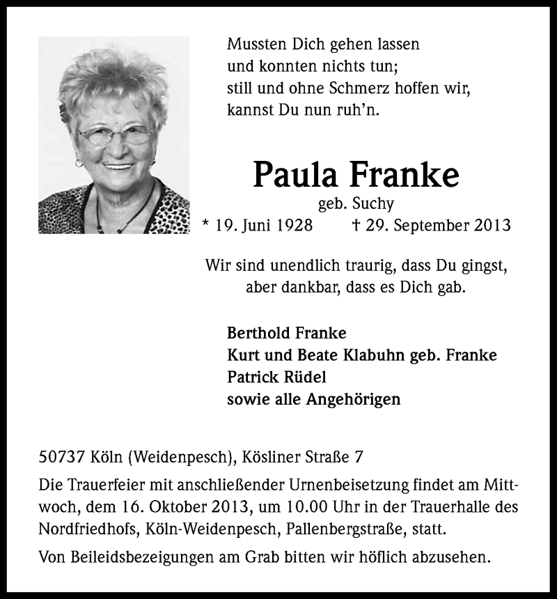  Traueranzeige für Franke Paula vom 12.10.2013 aus Kölner Stadt-Anzeiger / Kölnische Rundschau / Express