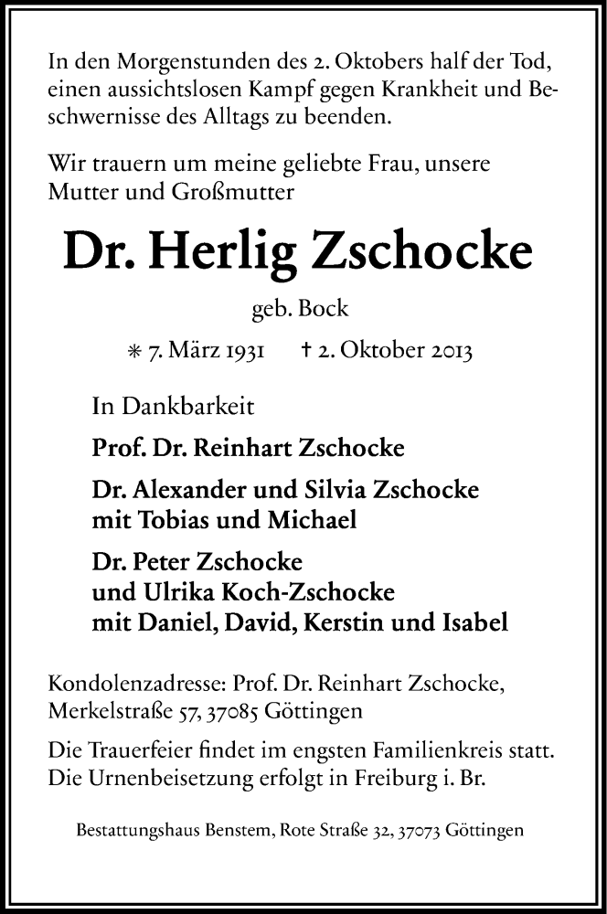  Traueranzeige für Herlig Zschocke vom 12.10.2013 aus Kölner Stadt-Anzeiger / Kölnische Rundschau / Express