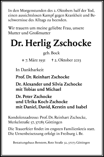 Anzeige von Herlig Zschocke von Kölner Stadt-Anzeiger / Kölnische Rundschau / Express