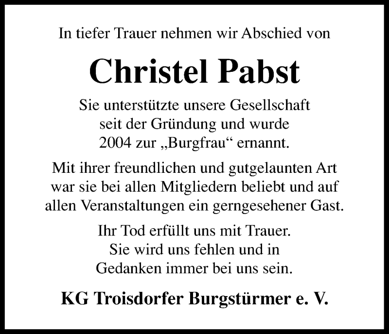  Traueranzeige für Christel Pabst vom 12.10.2013 aus Kölner Stadt-Anzeiger / Kölnische Rundschau / Express