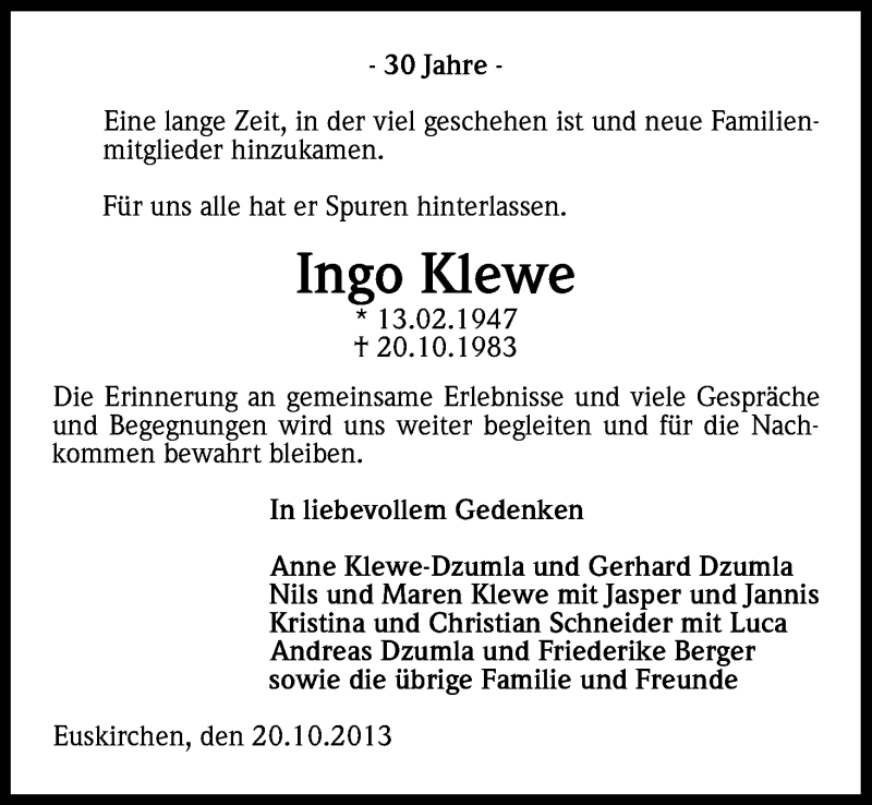 Traueranzeige für Ingo Klewe vom 19.10.2013 aus Kölner Stadt-Anzeiger / Kölnische Rundschau / Express