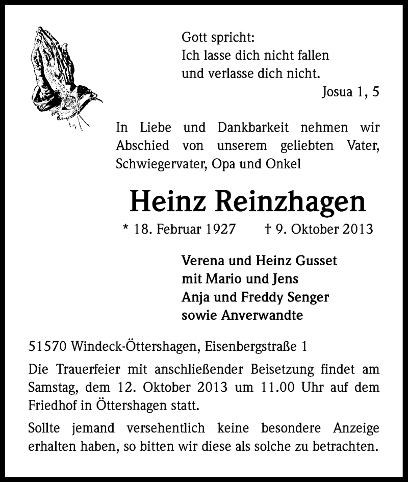  Traueranzeige für Heinz Reinzhagen vom 10.10.2013 aus Kölner Stadt-Anzeiger / Kölnische Rundschau / Express