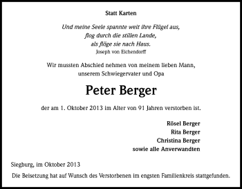 Anzeige von Peter Berger von Kölner Stadt-Anzeiger / Kölnische Rundschau / Express