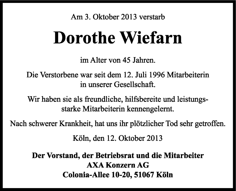  Traueranzeige für Dorothe Wiefarn vom 12.10.2013 aus Kölner Stadt-Anzeiger / Kölnische Rundschau / Express