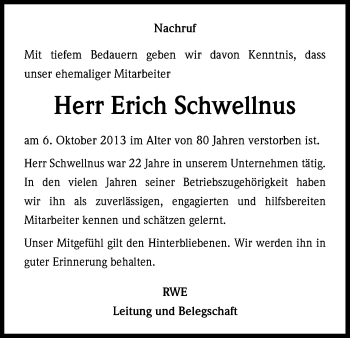 Anzeige von Erich Schwellnus von Kölner Stadt-Anzeiger / Kölnische Rundschau / Express