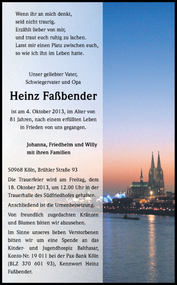 Anzeige von Heinz Faßbender von Kölner Stadt-Anzeiger / Kölnische Rundschau / Express