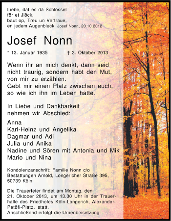 Anzeige von Josef Nonn von Kölner Stadt-Anzeiger / Kölnische Rundschau / Express