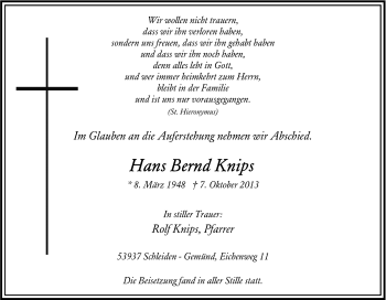 Anzeige von Hans Bernd Knips von Kölner Stadt-Anzeiger / Kölnische Rundschau / Express