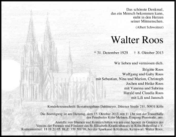 Anzeige von Walter Roos von Kölner Stadt-Anzeiger / Kölnische Rundschau / Express