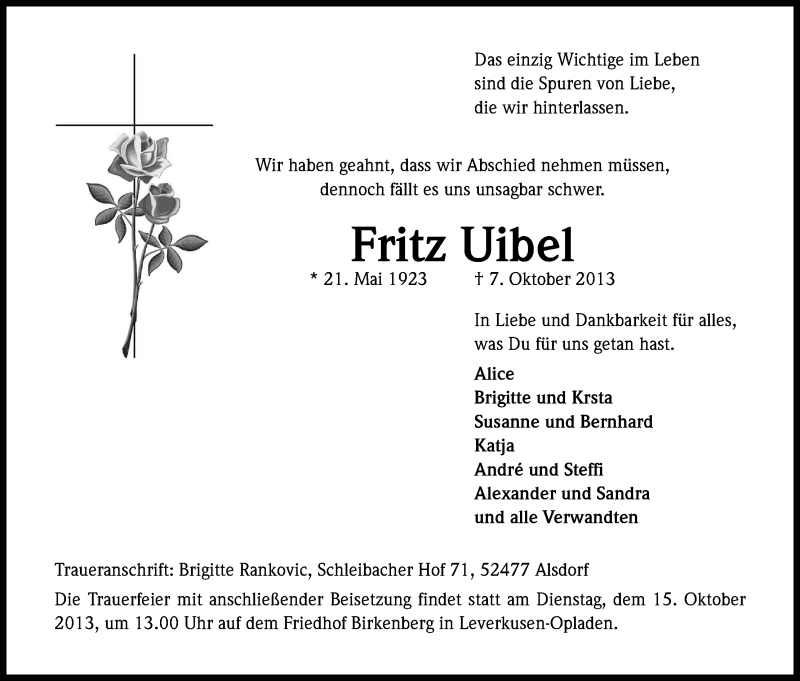  Traueranzeige für Fritz Uibel vom 12.10.2013 aus Kölner Stadt-Anzeiger / Kölnische Rundschau / Express