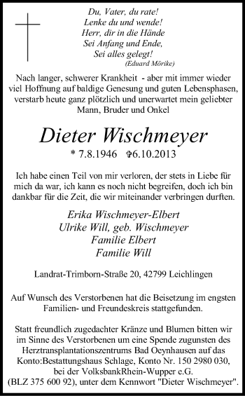 Anzeige von Dieter Wischmeyer von Kölner Stadt-Anzeiger / Kölnische Rundschau / Express