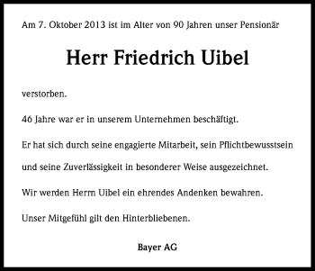 Anzeige von Friedrich Uibel von Kölner Stadt-Anzeiger / Kölnische Rundschau / Express