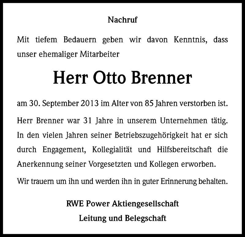  Traueranzeige für Otto Brenner vom 11.10.2013 aus Kölner Stadt-Anzeiger / Kölnische Rundschau / Express