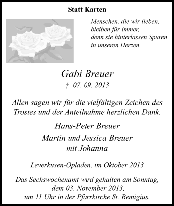 Anzeige von Gabi Breuer von Kölner Stadt-Anzeiger / Kölnische Rundschau / Express