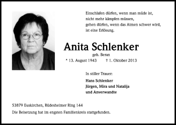 Anzeige von Anita Schlenker von Kölner Stadt-Anzeiger / Kölnische Rundschau / Express