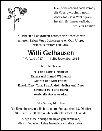 Anzeige von Willi Gelhausen von Kölner Stadt-Anzeiger / Kölnische Rundschau / Express