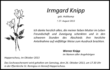 Anzeige von Irmgard Knipp von Kölner Stadt-Anzeiger / Kölnische Rundschau / Express