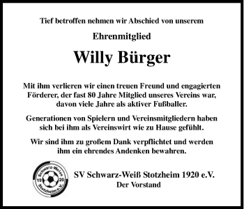 Anzeige von Willy Bürger von Kölner Stadt-Anzeiger / Kölnische Rundschau / Express
