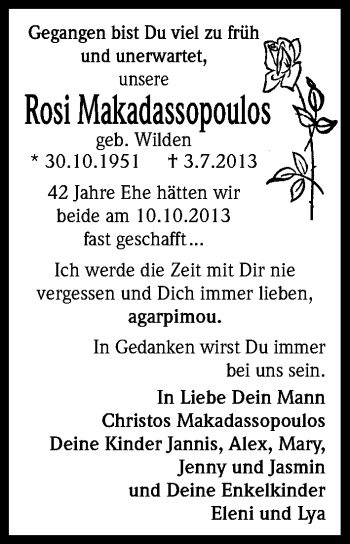 Anzeige von Rosi Makadassopoulos von Kölner Stadt-Anzeiger / Kölnische Rundschau / Express