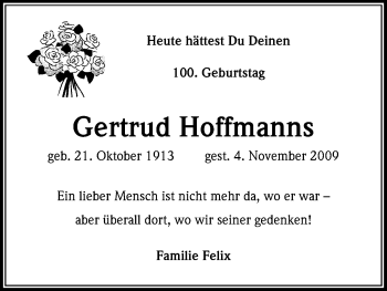 Anzeige von Gertrud Hoffmanns von Kölner Stadt-Anzeiger / Kölnische Rundschau / Express