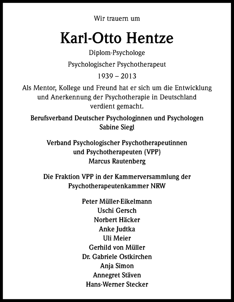  Traueranzeige für Karl-Otto Hentze vom 12.10.2013 aus Kölner Stadt-Anzeiger / Kölnische Rundschau / Express