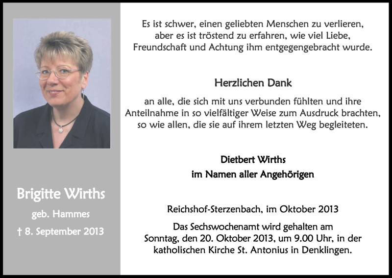  Traueranzeige für Brigitte Wirths vom 11.10.2013 aus Kölner Stadt-Anzeiger / Kölnische Rundschau / Express