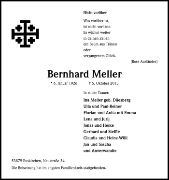 Anzeige von Bernhard Meller von Kölner Stadt-Anzeiger / Kölnische Rundschau / Express