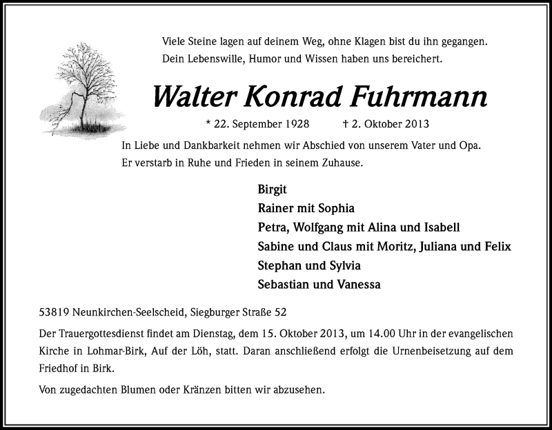  Traueranzeige für Walter Konrad Fuhrmann vom 11.10.2013 aus Kölner Stadt-Anzeiger / Kölnische Rundschau / Express
