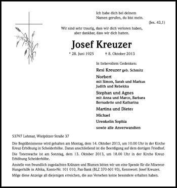Anzeige von Josef Kreuzer von Kölner Stadt-Anzeiger / Kölnische Rundschau / Express