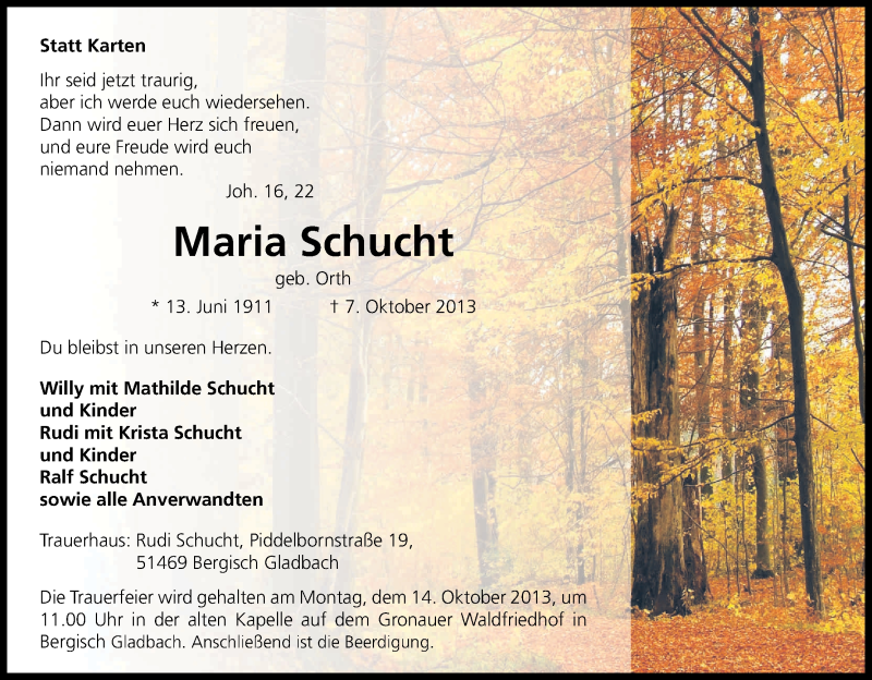  Traueranzeige für Maria Schucht vom 11.10.2013 aus Kölner Stadt-Anzeiger / Kölnische Rundschau / Express