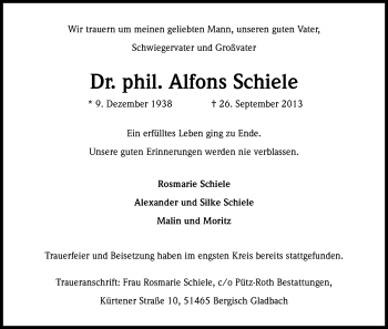 Anzeige von Alfons Schiele von Kölner Stadt-Anzeiger / Kölnische Rundschau / Express