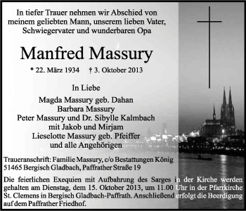 Anzeige von Manfred Massury von Kölner Stadt-Anzeiger / Kölnische Rundschau / Express
